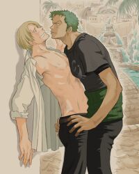  2boys ass ass_grab blonde_hair green_hair haramaki male male_focus multiple_boys one one_piece open_clothes open_shirt piece roronoa roronoa_zoro sanji shirt short_hair undressing water_7 yaoi zoro zosan 