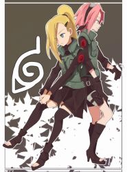  back-to-back banned_artist blonde_hair ino_yamanaka multiple_girls naruto naruto_(series) pink_hair sakura_haruno yokige 