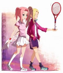  balancing banned_artist blonde_hair green_eyes ino_yamanaka multiple_girls naruto naruto_(series) pink_hair racket sakura_haruno tennis tennis_racket yokige 