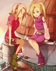  banned_artist blonde_hair green_eyes ino_yamanaka multiple_girls naruto naruto_(series) pink_hair sakura_haruno yokige 