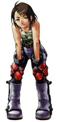  androgynous bare_shoulders boots brown_hair capcom edayan female gloves hands_on_knees justice_gakuen kazama_akira knee_pads muscle official_art reverse_trap rival_schools short_hair smile solo standing tank_top tomboy 