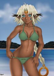  aisha_clanclan animal_ears beach bikini blue_eyes braid cat_ears circlet dark_skin day harok jewelry long_hair navel non-web_source outdoors outlaw_star pointy_ears ring silver_hair solo swimsuit white_hair 