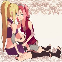  banned_artist blonde_hair green_eyes ino_yamanaka multiple_girls naruto naruto_(series) pink_hair sakura_haruno yokige yuri 