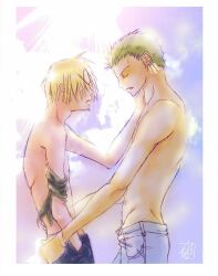  2boys bandana blonde_hair blue_sky closed_eyes cloud clouds denim earrings facial_hair goatee green_hair hand_in_pocket jeans jewelry male male_focus multiple_boys one_piece pants roronoa roronoa_zoro sanji sky sun topless yaoi zoro zosan 