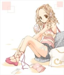  blonde_hair brown_eyes brown_hair cross-laced_legwear curly_hair cut_jeans digital_media_player female forehead full_body hair_bobbles hair_ornament hair_pin hairpin indoors ipod long_hair polka_dot shopping-bag shopping_bag shorts sitting solo thighs wavy_hair 