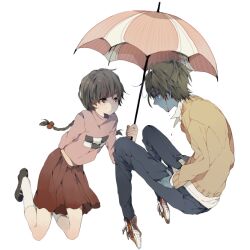  1boy bad_id bad_pixiv_id bleeding blood braid brown_hair colored_skin denim depressed female green_hair green_skin hands_in_pockets holding holding_umbrella long_hair long_sleeves madotsuki mary_janes pants pink_shirt pleated_skirt ren_(zero_second) shared_umbrella shirt shitaisan shoes short_hair simple_background skirt sneakers socks t-shirt twin_braids umbrella very_long_hair yellow_eyes yume_nikki 