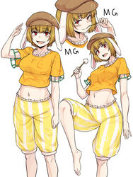  arm_up barefoot blonde_hair brown_headwear cabbie_hat commentary dango female food hat highres holding holding_food kakone mg_mg multiple_views navel open_mouth orange_shirt red_eyes ringo_(touhou) shirt short_hair short_sleeves shorts simple_background smile standing standing_on_one_leg striped_clothes striped_shorts touhou wagashi white_background yellow_shorts 