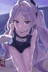  ahoge bare_arms bare_legs bare_shoulders blue_archive blush closed_mouth commentary_request demon_horns female higashiwun_izumi highres hina_(blue_archive) hina_(swimsuit)_(blue_archive) holding horns leaning_forward looking_at_viewer official_alternate_costume one-piece_swimsuit purple_eyes school_swimsuit side_ponytail swimsuit thighs white_hair 