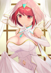  absurdres breasts bridal_veil bride chest_jewel cleavage dress elbow_gloves female gloves highres jewelry large_breasts pyra_(xenoblade) red_eyes red_hair ring shiratamaaji short_hair solo swept_bangs veil wedding_dress wedding_ring white_dress xenoblade_chronicles_(series) xenoblade_chronicles_2 