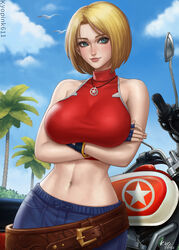  arms_under_breasts bare_arms bare_shoulders belt blonde_hair blue_eyes blue_mary bob_cut breasts closed_mouth cowboy_shot crop_top crossed_arms denim fatal_fury female fingerless_gloves gloves jeans jewelry kyopink large_breasts leaning_back linea_alba looking_at_viewer loose_belt medium_hair midriff motor_vehicle motorcycle navel necklace nose outdoors palm_tree pants parted_hair red_shirt shirt sky sleeveless sleeveless_turtleneck smile solo straight_hair taut_clothes taut_shirt the_king_of_fighters tree turtleneck 