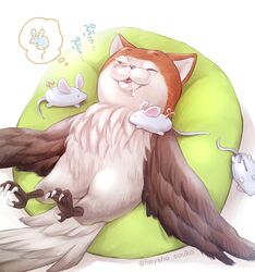  animal_ears animal_focus bean_bag_chair bird cat_ears commentary_request dreaming drooling feathered_wings feathers granblue_fantasy heysho mouse_(animal) no_humans nose_bubble owl owlcat saliva simple_background sleeping talons thought_bubble toy_mouse twitter_username white_background wings 