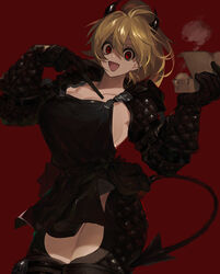  apron black_apron black_gloves black_horns blonde_hair breasts chopsticks cleavage commentary demon_horns demon_tail dorohedoro dumpling female food gloves gyoza_man highres holding holding_chopsticks holding_food horns knee_pads large_breasts long_hair lunch_(lunchicken) nikaidou_(dorohedoro) open_mouth ponytail pouch red_background red_eyes revealing_clothes shaded_face simple_background solo steam tail 