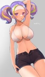  aikatsu!_(series) aikatsu_planet! arm_behind_head arm_up bikini blonde_hair blush breasts cleavage eyebrows female hand_on_own_thigh highres large_breasts looking_at_viewer mukuba multicolored_hair navel parted_lips purple_eyes purple_hair ruli_(aikatsu_planet!) short_hair short_shorts short_twintails shorts solo streaked_hair sweat swimsuit twintails white_bikini 