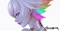  commentary english_commentary eyeliner female from_side highres kill_la_kill kiryuuin_ragyou lipstick makeup multicolored_hair portrait rainbow_hair short_hair signature simple_background smirk solo sozomaika unfinished white_background white_hair 