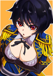  absurdres arm_under_breasts black_gloves black_hair black_ribbon blue_jacket breasts cleavage commentary detached_collar elbow_gloves epaulettes female frilled_jacket frills from_above gloves highres jacket large_breasts looking_at_viewer looking_up maki-kun matador megido72 neck_ribbon orange_background outline parted_lips raised_eyebrow red_eyes ribbon short_hair solo tomboy upper_body white_outline zagan_(megido72) 