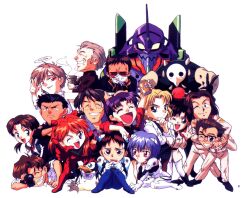  1990s_(style) 6+boys 6+girls aida_kensuke akagi_ritsuko alcohol aoba_shigeru artist_request beer chibi eva_01 everyone fuyutsuki_kouzou horaki_hikari hyuuga_makoto ibuki_maya ikari_gendou ikari_shinji kaji_ryouji katsuragi_misato multiple_boys multiple_girls nagisa_kaworu neon_genesis_evangelion one_eye_closed pantyhose penpen retro_artstyle sachiel_(evangelion) souryuu_asuka_langley suzuhara_touji 