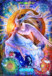  angel_wings arm_up bare_shoulders blue_dress blue_gemstone blue_hair cancer_(symbol) closed_eyes closed_mouth commentary_request detached_sleeves dodecagon dodecagram dress falling_feathers feathered_wings feathers female floating_hair flower frilled_dress frills from_side gem gemini_(symbol) gold gold_choker gold_trim gradient_hair hair_flower hair_ornament hand_on_blade highres holding holding_sword holding_weapon jewelry knee_up layered_dress libra_(symbol) light_blue_hair lips long_hair multicolored_hair nose original plantar_flexion profile purple_dress purple_flower purple_hair purple_rose realistic reverse_grip roman_numeral rose see-through see-through_sleeves solo stained_glass sword takashi_mare tarot taurus_(symbol) very_long_hair weapon web_address wheel_of_fortune_(tarot) white_wings wide_sleeves wings zodiac_wheel 