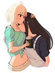  2girls alternate_costume aqua_shirt bare_shoulders black_hair black_shirt blonde_hair blush bondage bondage bound collarbone cropped_arms cropped_torso futaba_(rei-futaba) hand_on_another&#039;s_back hand_on_another&#039;s_head head_hug hug inoue_takina light_smile long_hair lycoris_recoil midriff multiple_girls navel nishikigi_chisato off-shoulder_shirt off_shoulder protected_link shirt short_hair sidelocks smile suspenders white_background yuri 