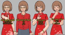  anger_vein angry animal_print bird_print bob_cut brown_hair china_dress chinese_clothes chinese_text dress english_text female floral_print glasses highres insulting_viewer meme original pantsu-ripper patreon_username photo-referenced pinyin_text pointing pointing_at_viewer profanity red_dress red_sweater short_hair sweater 