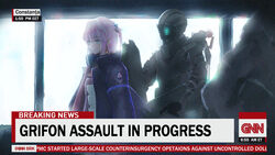  absurdres aegis_(girls&#039;_frontline) blue_eyes brand_name_imitation breaking_news butasanp cnn commentary english_text female girls&#039;_frontline hair_between_eyes hair_ornament highres holding holding_shield jacket open_clothes open_jacket open_mouth pink_hair robot sangvis_ferri science_fiction shield sidelocks st_ar-15_(girls&#039;_frontline) st_ar-15_(mod3)_(girls&#039;_frontline) 