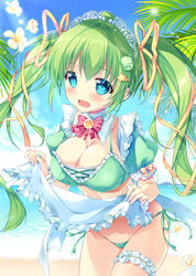  :d apron apron_lift aqua_eyes bad_id bad_pixiv_id beach blue_sky bow bowtie bra breasts cleavage clothes_lift cloud commentary_request day detached_collar detached_sleeves female flower food-themed_hair_ornament frilled_apron frilled_bra frilled_sleeves frills green_bra green_hair green_panties hair_ornament hair_ribbon highres lace_trim large_breasts lifting_own_clothes long_hair looking_at_viewer maid maid_headdress mascot melon-chan melonbooks mikeou ocean open_mouth outdoors palm_tree panties photoshop_(medium) pineapple_hair_ornament red_bow red_bowtie ribbon side-tie_panties sky smile solo standing star_(symbol) star_hair_ornament summer tree twintails underwear 