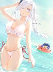  2girls :o absurdres afloat arm_up bare_shoulders bikini black_hair blue_eyes blue_sky blush braid breasts bright_pupils chibi cleavage cloud collarbone commentary_request day diagonal_bangs earrings eyelashes eyes_visible_through_hair floating_hair frilled_bikini frills fujito_(call_f_) genshin_impact gradient_eyes green_eyes hair_ornament hair_over_one_eye halterneck highres horizon innertube jewelry large_breasts long_hair looking_at_viewer low-braided_long_hair low-tied_long_hair multicolored_eyes multiple_girls navel ocean open_mouth outdoors parted_bangs purple_eyes shenhe_(genshin_impact) side-tie_bikini_bottom sidelocks single_braid sky smile standing stomach swept_bangs swim_ring swimsuit tareme tassel tassel_earrings wading water watermelon_innertube wet white_bikini white_hair white_pupils yelan_(genshin_impact) 