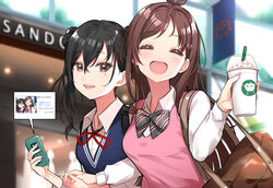  2girls :d ^_^ alternate_costume antenna_hair bag black_hair bow bowtie brown_hair cellphone closed_eyes commentary_request hair_ornament highres holding_hands idolmaster idolmaster_cinderella_girls interlocked_fingers long_sleeves looking_at_viewer maou_(demonlord) mole mole_under_eye multiple_girls neck_ribbon open_mouth phone ribbon ribbon-trimmed_collar ribbon_trim ringorou_(idolmaster) road school_bag school_uniform sharp_teeth smile social_network starbucks street striped striped_ribbon sunazuka_akira teeth tsujino_akari twintails upper_body vest 