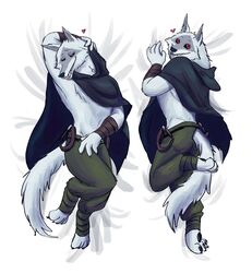  absurd_res anthro body_pillow canid canine canis clothed clothing dakimakura dakimakura_design dakimakura_pillow dakimakura_pose dakimakura_style death_(puss_in_boots) dreamworks facial_markings fluffy grin head_markings heart_symbol hi_res looking_at_viewer lying male mammal markings mask_(marking) on_side pillow prick_ears puss_in_boots_(dreamworks) red_eyes smile smirk solo ultimatellurker wolf 