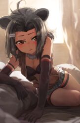  american_beaver_(kemono_friends) animal_ears antenna_hair arm_support backlighting bare_legs bare_shoulders beaver_ears beaver_tail bike_shorts blush bra breasts brown_eyes cleavage cutoffs day denim denim_shorts detached_collar elbow_gloves eyes_visible_through_hair female fur_collar furrowed_brow gloves grey_hair hair_ornament hairclip highres indoors kemono_friends leaning_forward leaning_to_the_side looking_at_viewer medium_breasts medium_hair melaton navel open_clothes open_vest parted_lips pillow short_shorts shorts shorts_under_shorts sitting solo stomach tail torn_clothes torn_sleeves twisted_torso underwear vest window 