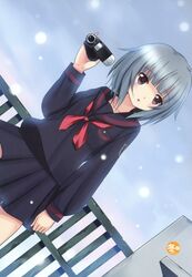  absurdres black_serafuku black_skirt camcorder copyright_request female highres koi_(koisan) long_sleeves open_mouth red_ribbon ribbon rooftop sailor_collar school_uniform serafuku silver_hair skirt snowing solo video_camera zusetsu_series_(gentosha) 