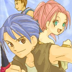  3boys blade blue_hair brown_eyes female gala green_eyes legaia_densetsu long_hair lowres meta_(legaia_densetsu) multiple_boys noa_(legaia_densetsu) pink_hair playstation ra-seru smile vahn vest 