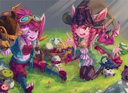  3girls 6+boys :d ;d alternate_hair_color amumu bad_id bad_pixiv_id bell black_legwear blue_legwear bomb brown_eyes colored_skin corki dragon dragon_trainer_lulu dragon_trainer_tristana drill_hair egg explosive goggles goggles_on_head grass hat hatching heimerdinger highres index_finger_raised jingle_bell kennen kneeling kurokitsune_(float0108) league_of_legends lulu_(league_of_legends) multiple_boys multiple_girls mushroom navel nest one_eye_closed open_mouth outdoors pink_hair poppy_(league_of_legends) purple_skin riggle_(league_of_legends) rumble_(league_of_legends) shuriken sitting smile sunglasses super_galaxy_rumble teemo toes tristana veigar weapon witch_hat yellow_eyes yordle ziggs 