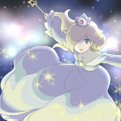  blonde_hair blue_eyes dress female female hair_over_one_eye horubein lowres mario_(series) nintendo princess_rosalaina princess_rosalina rosalina_(mario) rosetta_(mario) solo super_mario_bros. super_mario_galaxy wand 