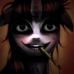  animated animated artist_request biting_pencil horns horror_(theme) looking_at_viewer my_little_pony my_little_pony:_friendship_is_magic no_humans open_mouth realistic solo teeth twilight_sparkle_(mlp) 