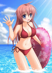  bad_id bad_pixiv_id bare_arms bare_shoulders bikini blue_eyes blue_sky blush breasts brown_hair cloud collarbone commentary_request day female hand_up horizon innertube long_hair looking_at_viewer navel ocean open_mouth original outdoors outstretched_hand photoshop_(medium) red_bikini shinoyama_haruka shiny_skin shunrei_(blue_sanctuary) side-tie_bikini_bottom sky solo sparkle swim_ring swimsuit transparent wading water waving 