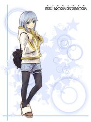  aged_up alternate_costume bag black_pantyhose blue_shorts commentary_request contemporary fashion female green_eyes grey_hair high_heels index_(toaru_majutsu_no_index) jacket long_hair pantyhose pantyhose_under_shorts same_2009 shoes shorts smile solo toaru_majutsu_no_index 