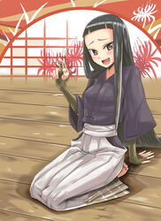  arm_support barefoot blunt_bangs board_game commentary_request dan_(orange_train) female fingerless_gloves floral_print flower gloves hakama hakama_skirt holding holding_shogi_piece japanese_clothes katanagatari kiguchi_zanki long_hair open_mouth photoshop_(medium) seiza shogi shogi_piece sitting skirt solo spider_lily spider_lily_print white_flower white_spider_lily 