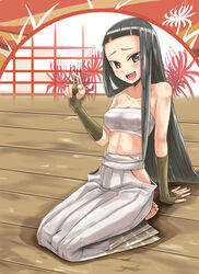  arm_support barefoot blunt_bangs board_game commentary_request dan_(orange_train) female fingerless_gloves floral_print flower gloves hakama hakama_skirt holding holding_shogi_piece japanese_clothes katanagatari kiguchi_zanki long_hair midriff open_mouth photoshop_(medium) sarashi seiza shogi shogi_piece sitting skirt solo spider_lily spider_lily_print white_flower white_spider_lily 