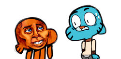  adopted_(lore) bodily_fluids brother_(lore) brothers_(lore) cartoon_network clothing darwin_watterson domestic_cat duo felid feline felis fish gumball_watterson male mammal marine nicolas_cage nightmare_fuel sibling_(lore) sweat sweater the_amazing_world_of_gumball topwear unknown_artist 