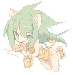  animal_ears animal_hands animal_print bad_id bad_pixiv_id blade_(galaxist) cat_ears cat_paws cat_tail cham_cham female gloves green_eyes green_hair lowres paw_gloves paw_shoes photoshop_(medium) samurai_spirits shoes simple_background snk solo tail tiger_print translation_request 