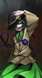  commentary_request eyeball female fingernails green_eyes green_hair haruichi_(komikal) hat highres koishi_komeiji&#039;s_heart-throbbing_adventure komeiji_koishi long_fingernails open_mouth sharp_teeth skirt solo teeth third_eye touhou 