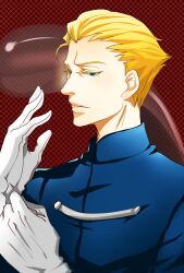  1boy adjusting_clothes adjusting_gloves ahoge blonde_hair blue_eyes commentary_request fate/zero fate_(series) gloves kayneth_el-melloi_archibald male_focus mercury_(element) sagazoe solo volumen_hydragyrum_(fate) white_gloves 