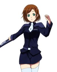  :o bad_id bad_pixiv_id bag belt blush briefcase brown_hair female green_eyes gundam gundam_age hagane_soushi hair_ornament hairclip necktie open_mouth romary_stone school_bag school_uniform short_hair simple_background solo thighhighs 