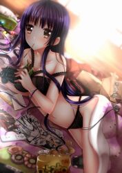  bad_id bad_pixiv_id between_breasts black_bra black_panties blanket blush box bra branch breasts brown_eyes chips_(food) controller doughnut female food food_in_mouth game_controller handheld_game_console highres houraisan_kaguya jeweled_branch_of_hourai lingerie long_hair lying manga_(object) mouth_hold multitasking neet off_shoulder panties playing_games playstation_vita pocky potato_chips purple_hair rabbit solo strap_slip swordsouls tissue_box touhou underwear underwear_only wii_remote window 