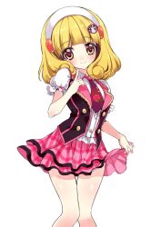  bad_id bad_pixiv_id blonde_hair blush eyelashes female flower hairband necktie plaid plaid_skirt precure rose short_hair simple_background skirt skirt_hold smile smile_precure solo white_background white_hairband yayoi_kise yellow_eyes yukiwo 