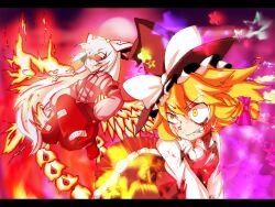  2girls battle blonde_hair blood bow braid commentary_request duel fire fujiwara_no_mokou hairbow hat hijiri_(xxhizirixx) injury kirisame_marisa koishi_komeiji&#039;s_heart-throbbing_adventure letterboxed moon multiple_girls pants star_(symbol) touhou white_hair wince wings witch_hat 