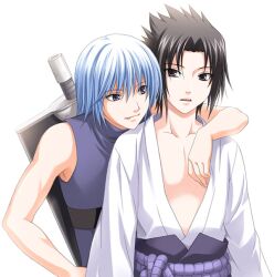  2boys artist_request blue_hair hoozuki_suigetsu hozuki_suigetsu hug male male_focus male_only multiple_boys naruto naruto_shippuuden oerba_yun_fang sword uchiha_sasuke weapon 