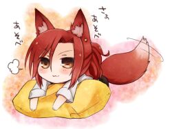  :3 animal_ears aozaki_touko blush brown_eyes chibi commentary_request earrings female fox_ears fox_tail jewelry kamehima kara_no_kyoukai kemonomimi_mode long_hair pillow ponytail red_eyes red_hair red_tail solo tail tail_wagging 