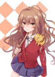  aisaka_taiga bokken brown_eyes brown_hair commentary_request female long_hair oohashi_high_school_uniform palmtop_tiger piyoyanagi school_uniform solo sword tiger toradora! weapon wooden_sword 