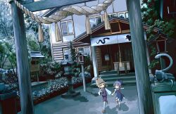  2girls bow cirno commentary_request dress frog hair_ribbon hairbow hat holding_hands lolicon moriya_suwako multiple_girls photoshop_(medium) ribbon rope running shimenawa shrine sixten snake stone_lantern thighhighs touhou zettai_ryouiki 